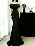 Glamorous Off-the-Shoulder Bow Glitter Mermaid Floor Length Prom Dress TP5873