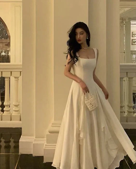 White solid color fashion elegant A-line square neck ball gown ankle length long chiffon evening gown party dress gh2737 gh2737