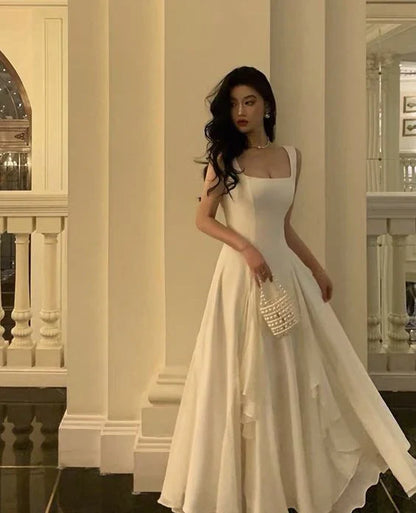 White solid color fashion elegant A-line square neck ball gown ankle length long chiffon evening gown party dress gh2737 gh2737