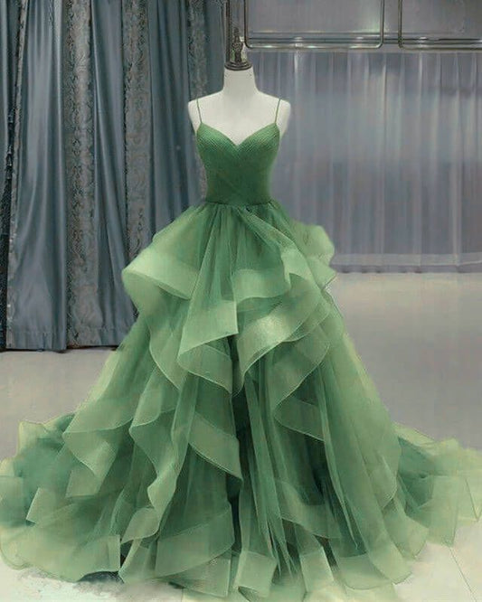 Sage Green Quinceanera Dresses Layered Tulle Ruffles Prom Dress