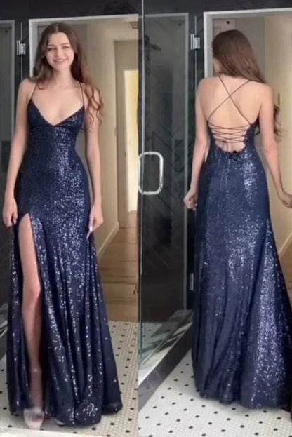 Womens Navy Sequined Slitted Spaghetti Strap V Neck Full-Length Formal Gown Dress