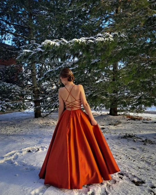 Best Burnt Orange Satin Prom Dress with Pockets A Line