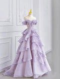 Glamorous Lavender Off-the-Shoulder Tiered Tulle Ball Gown with Beaded Bodice TP5760