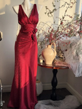 Vintage Burgundy V-Neck Sleeveless Mermaid Ruched Waist Floral Prom Dress TP5848