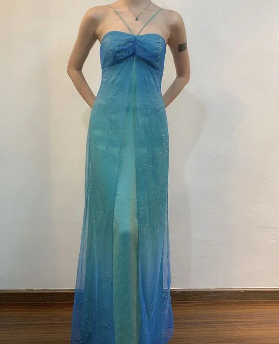 Blue shiny fashion gradient gold spray retro elegant sling long tulle prom dress evening dress party dress gh3458
