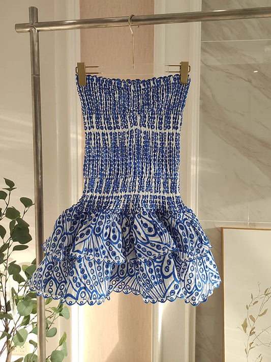 Vintage Dark Blue Pattern Design Strapless Mini Party Dress Homecoming Dress TP4044