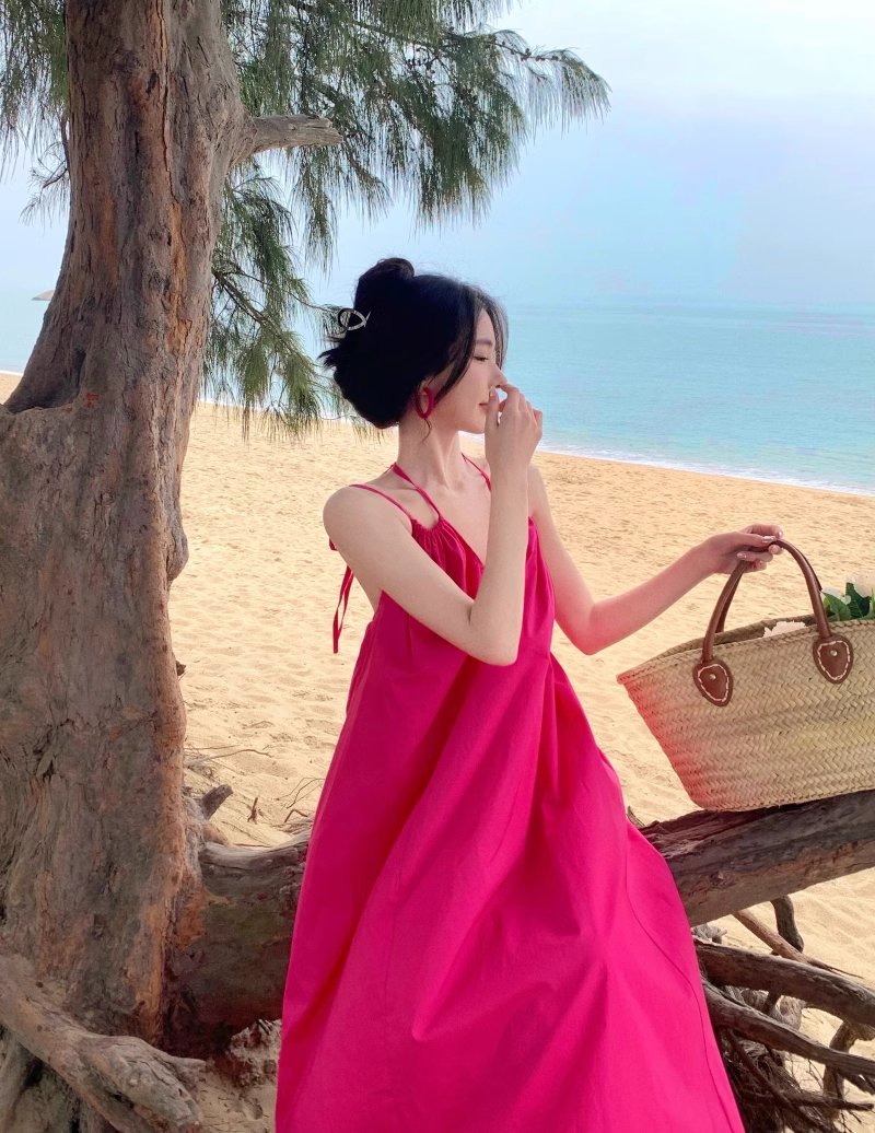 New Fashion Rose Pink Sleeveless Beach Halter Dress TP2979