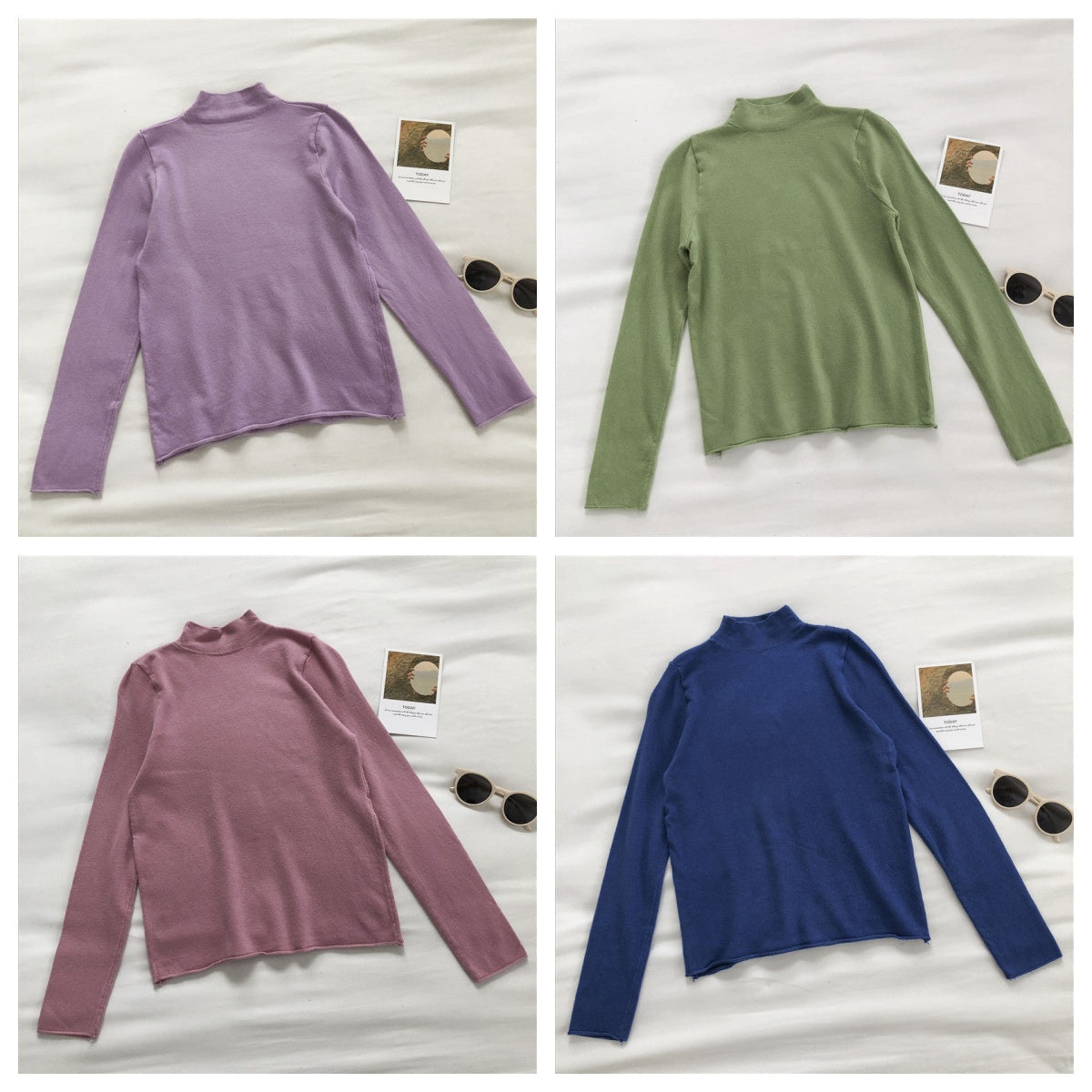 High neck sweater women's solid slim long sleeve Pullover Top  6454