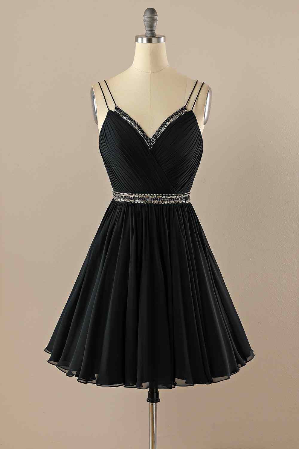 Black A-line Double Straps Pleated Beaded Chiffon Mini Homecoming Dress