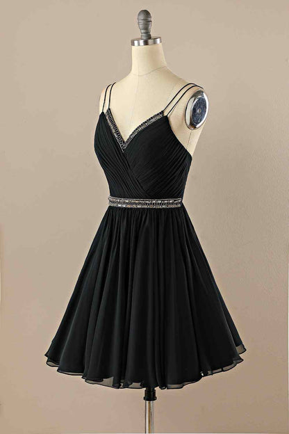 Black A-line Double Straps Pleated Beaded Chiffon Mini Homecoming Dress