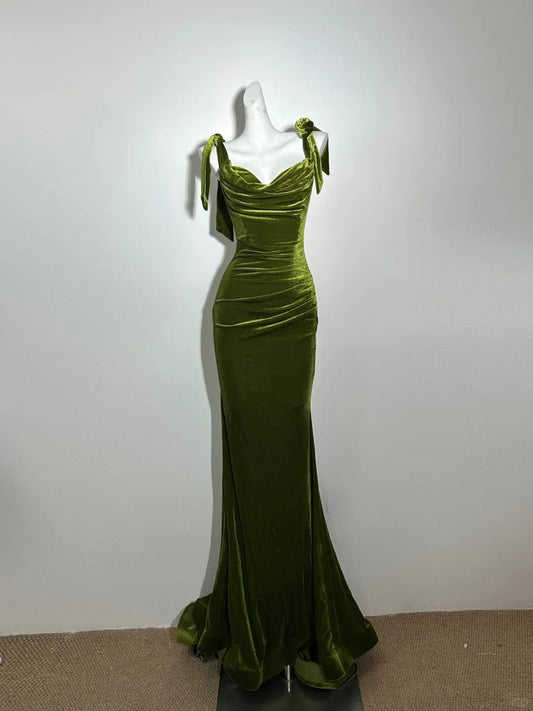 Girlhomeshops--Olive green velvet long vintage prom dress gh5471