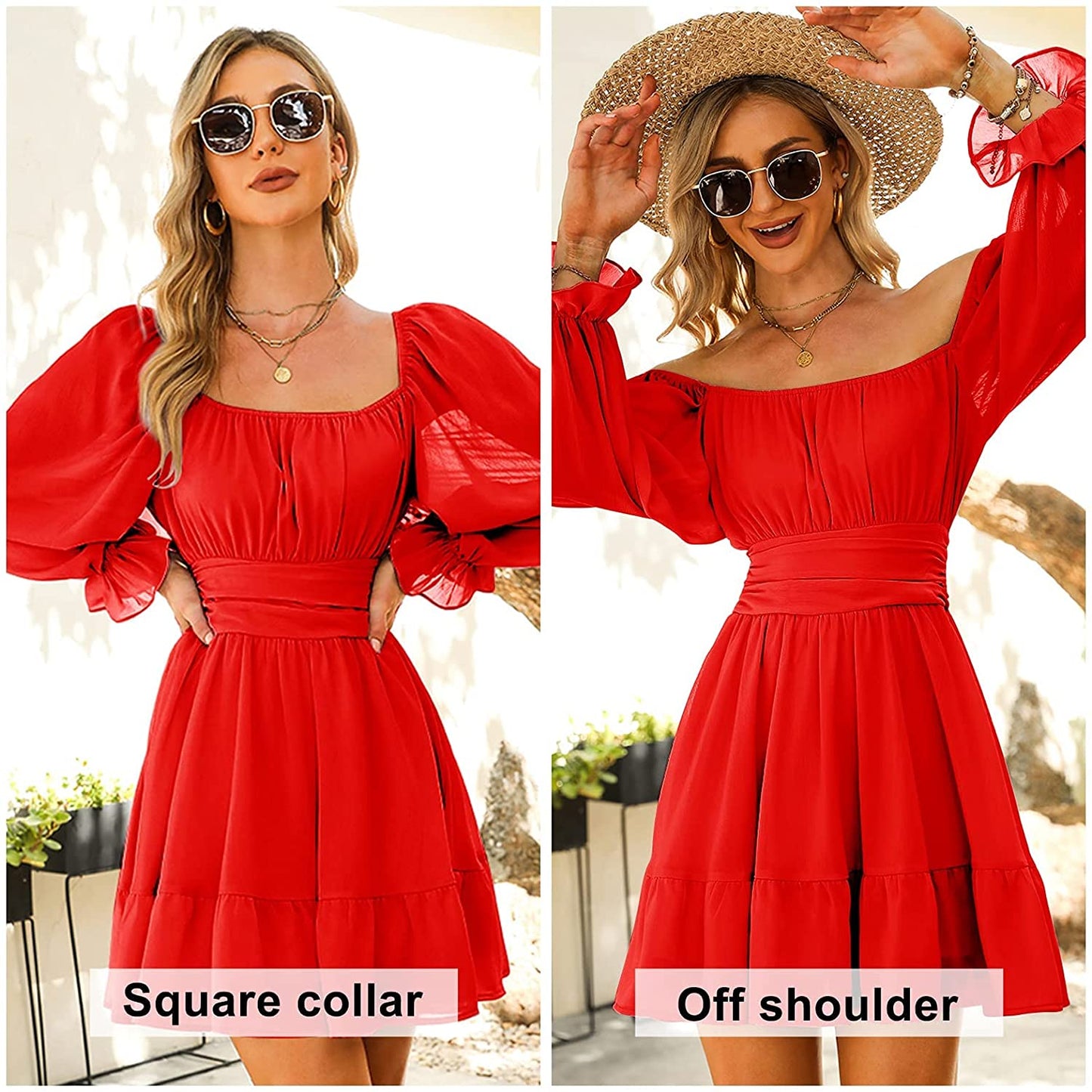 EXLURA Women Tie Back Long Lantern Sleeve Square Neck Ruffle Dress Elastic Waist Aline Casual Mini Dress
