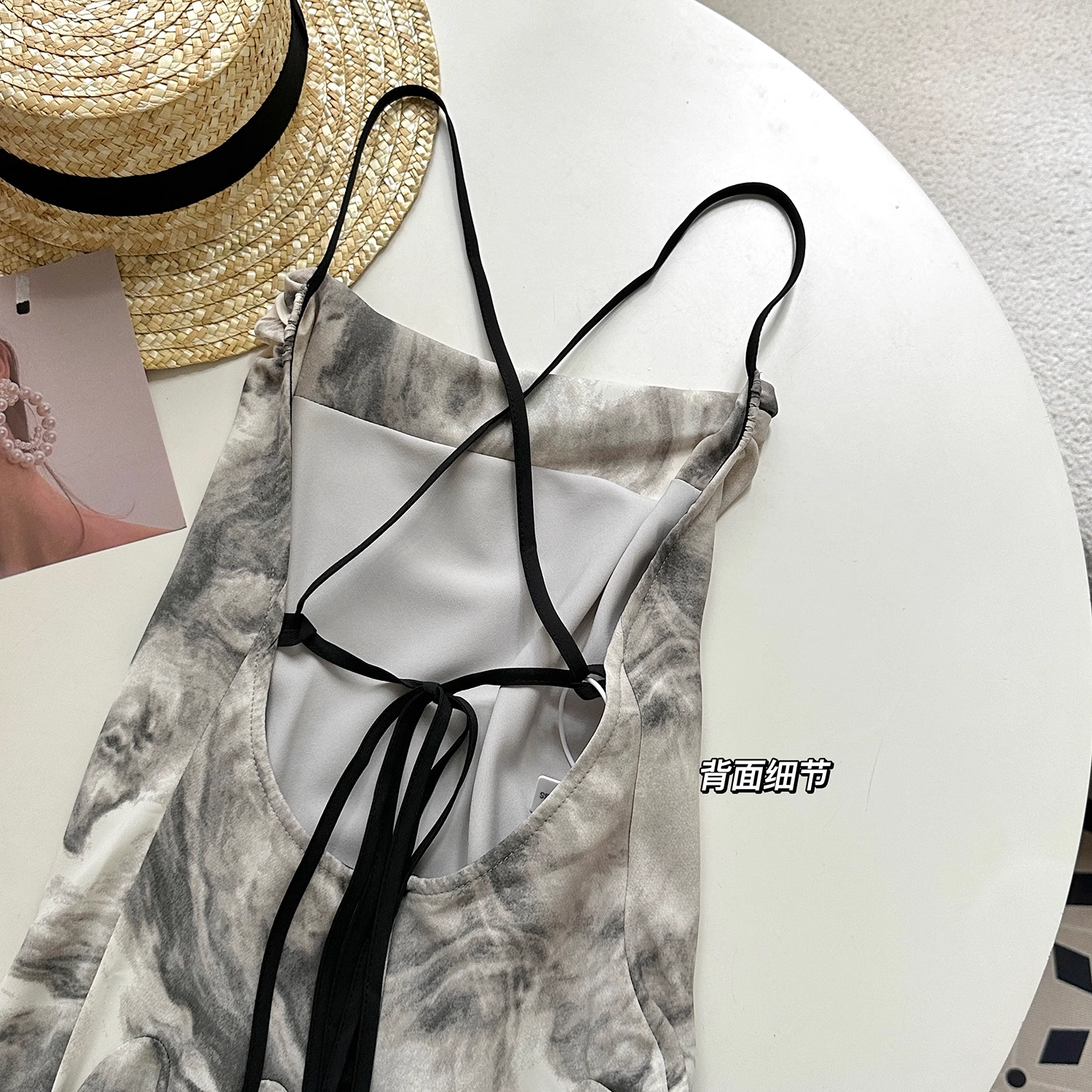 Simple Floral Ink-wash Pattern Design A-line Sleeveless Spaghetti Strap Dress TP3287