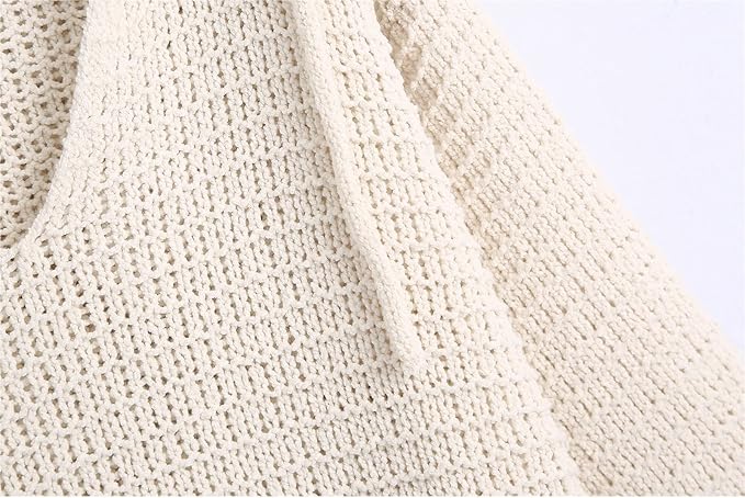 New white V-neck retro fashion long-sleeved hooded loose drawstring knitted hoodie pullover female casual sweater top 7281