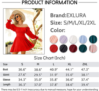 EXLURA Women Tie Back Long Lantern Sleeve Square Neck Ruffle Dress Elastic Waist Aline Casual Mini Dress