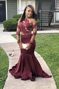 Vintage Burgundy Applique Mermaid Evening Gown Long-sleeved Backless Mermaid Prom Dresses TP51