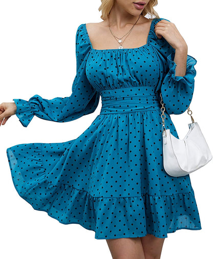 EXLURA Women Tie Back Long Lantern Sleeve Square Neck Ruffle Dress Elastic Waist Aline Casual Mini Dress