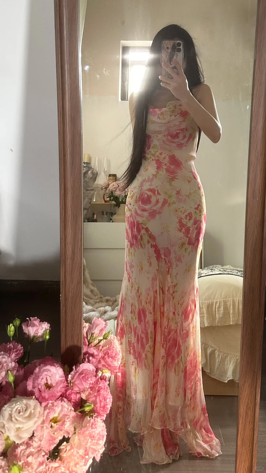 Retro Pink Floral Spaghetti Strap Design Elegant Chiffon Evening Dress Prom Dresses TP3990