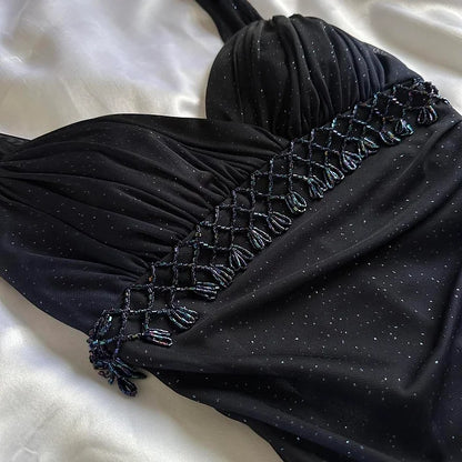 Dark blue shiny elegant exquisite beaded long chiffon prom dress, evening dress, party dress, graduation dress gh3506