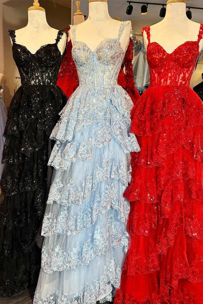 Hot Pink Off-Shoulder Sequined Layers A-line Long Prom Dress with Slit