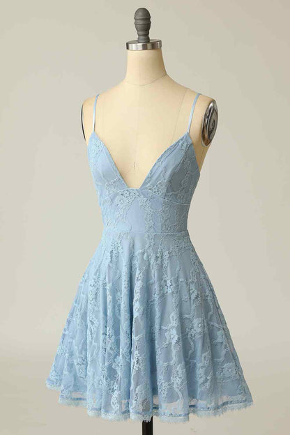 Sky Blue A-line V Neck Lace-Up Back Lace Mini Homecoming Dress