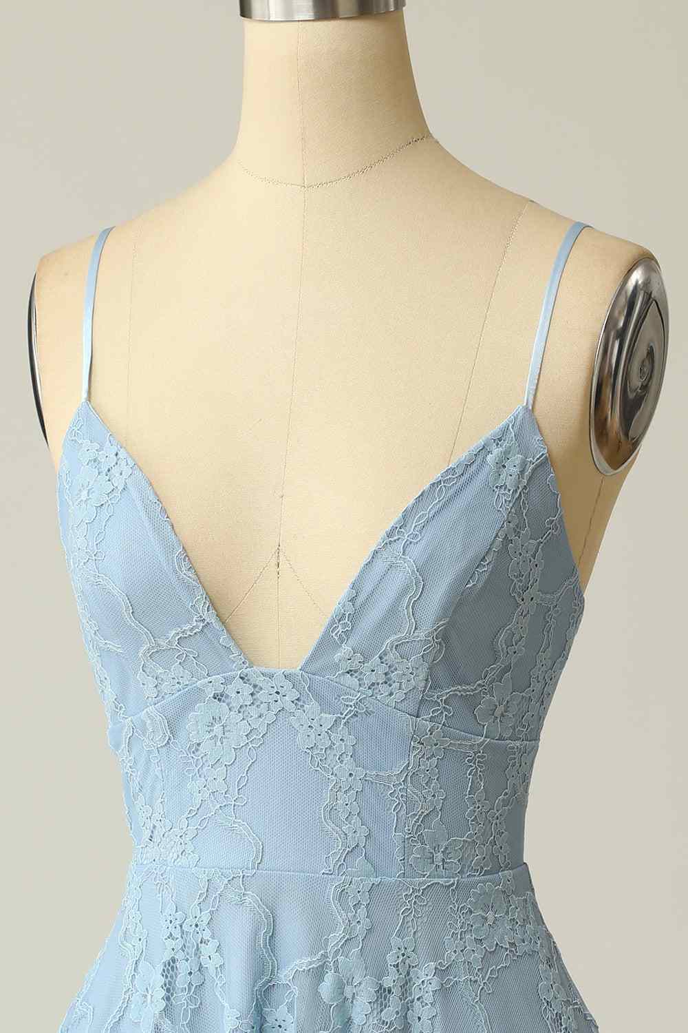 Sky Blue A-line V Neck Lace-Up Back Lace Mini Homecoming Dress