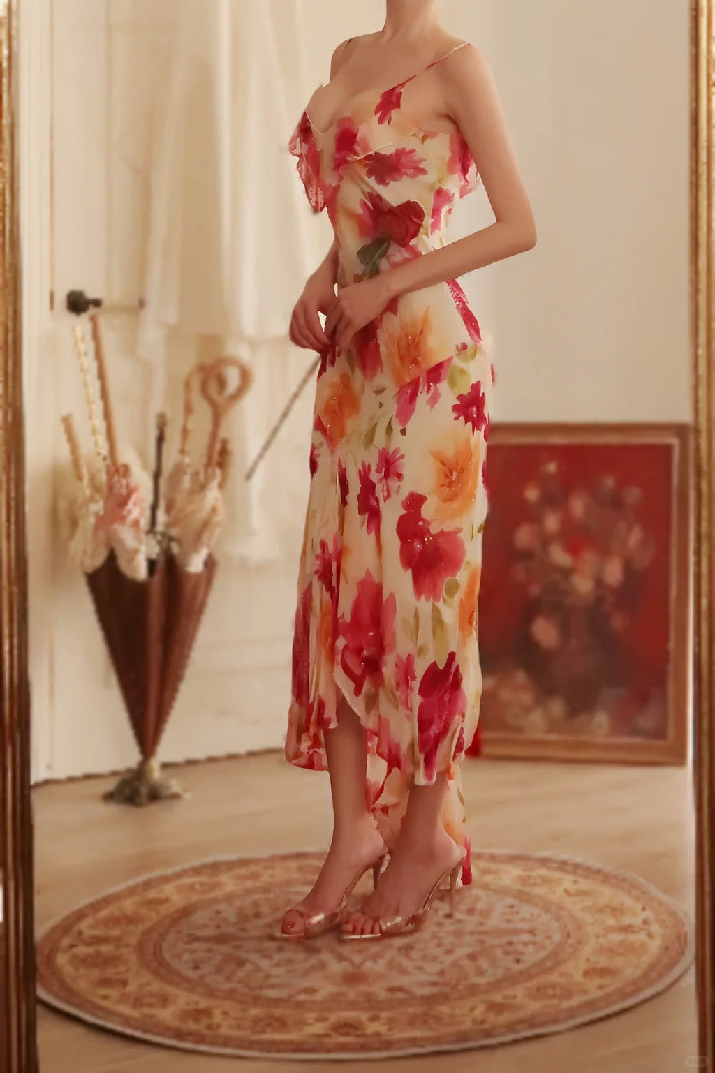 Vintage Floral A-line V-neck Spaghetti Strap Evening Dress Prom Dresses TP3931