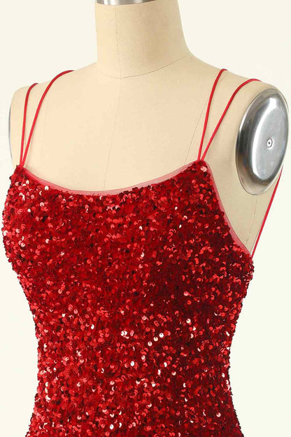 Red Sheath Double Straps Lace-Up Back Sequins Mini Homecoming Dress