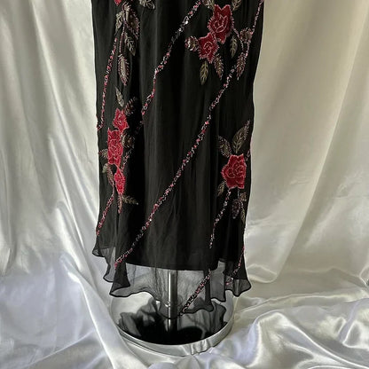 Black gorgeous tight strapless exquisite red rose floral beaded long tulle ball gown evening dress gh3157