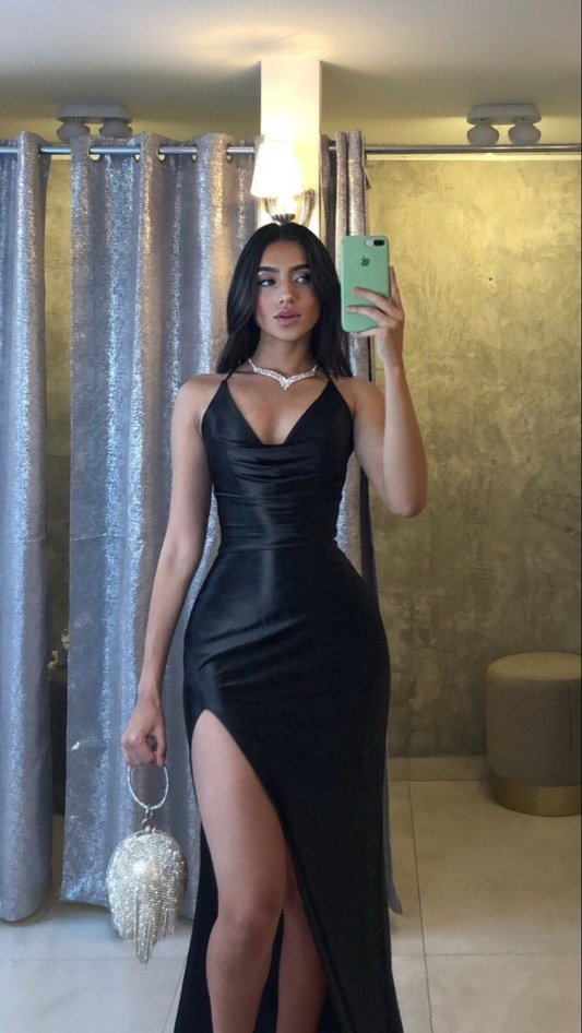 Black Evening Dress Satin Fitted Formal Gown Long Dresses High Slit