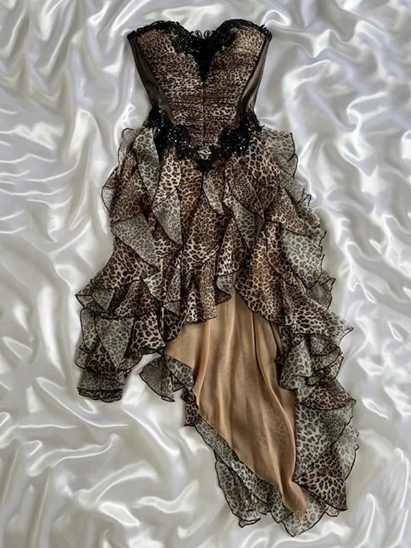 Vintage Leopard Print Strapless Ruffled Homecoming Dress Party Dress Cocktail Dress TP4691