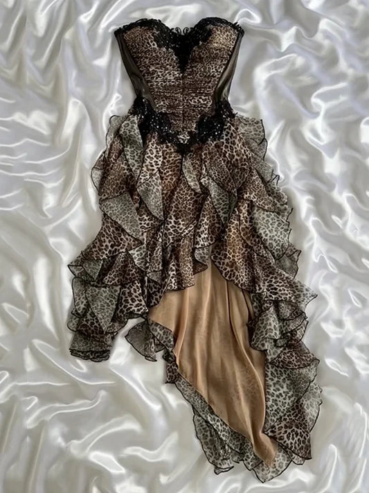 Vintage Leopard Print Strapless Ruffled Homecoming Dress Party Dress Cocktail Dress TP4691