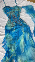 Vintage Blue Chiffon Prom Dress Sheath Ruffled Evening Dress Fairy Dress TP4675