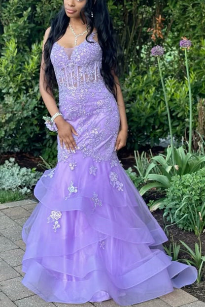 girlhomeshops-Purple Floral Fishtail Long Mermaid Slim Graduation Dress Prom Dress gh5861