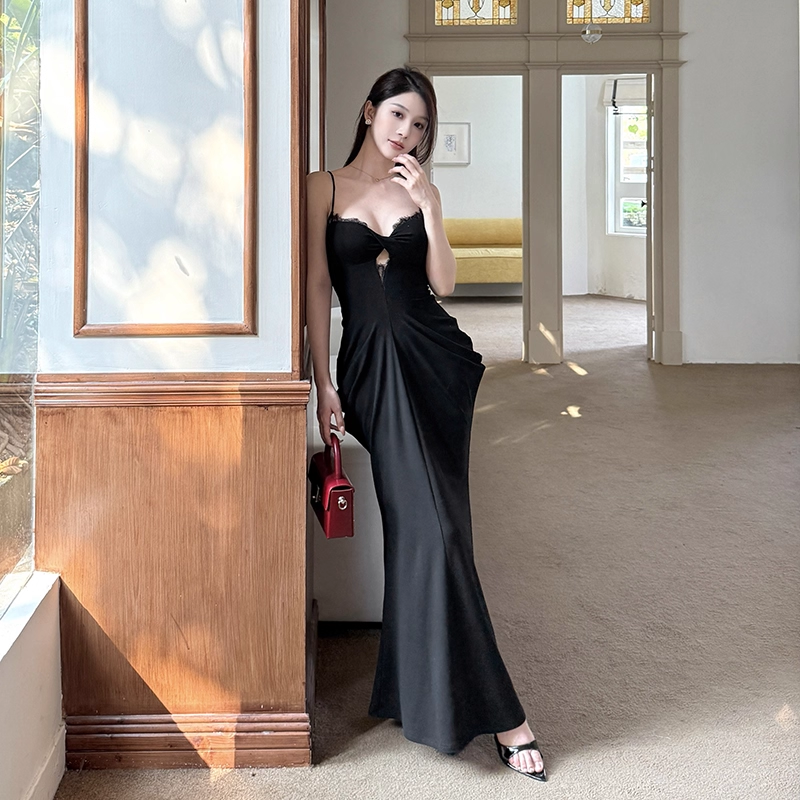 Enchanting Black Sweetheart Spaghetti Strap Pleated Mermaid Prom Dress Evening Dress TP4349