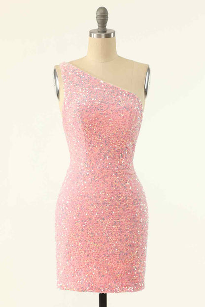 Pink Sheath One Shoulder Strap Back Sequins Mini Homecoming Dress
