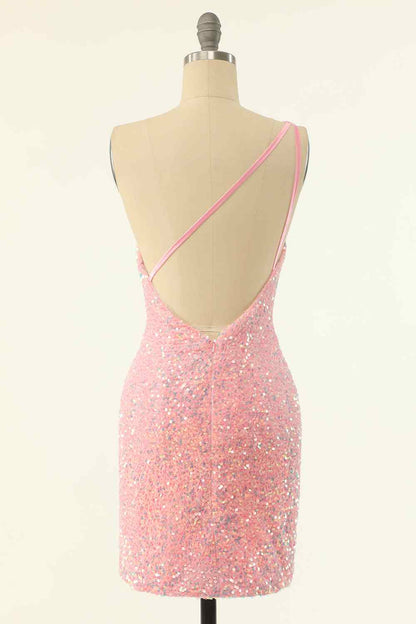 Pink Sheath One Shoulder Strap Back Sequins Mini Homecoming Dress