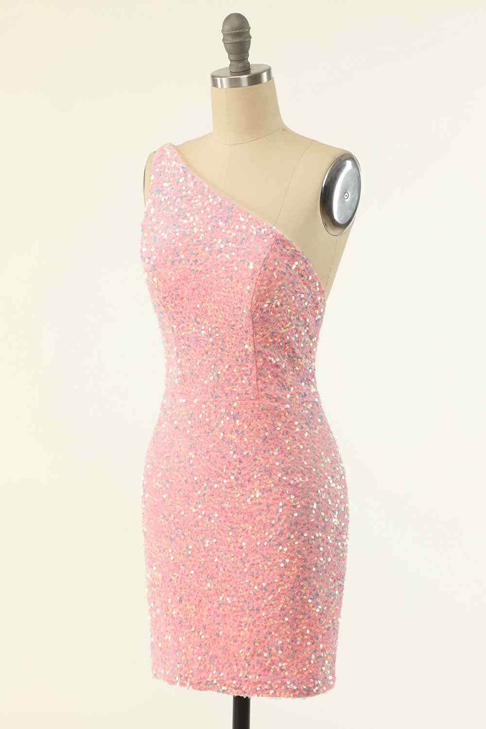 Pink Sheath One Shoulder Strap Back Sequins Mini Homecoming Dress