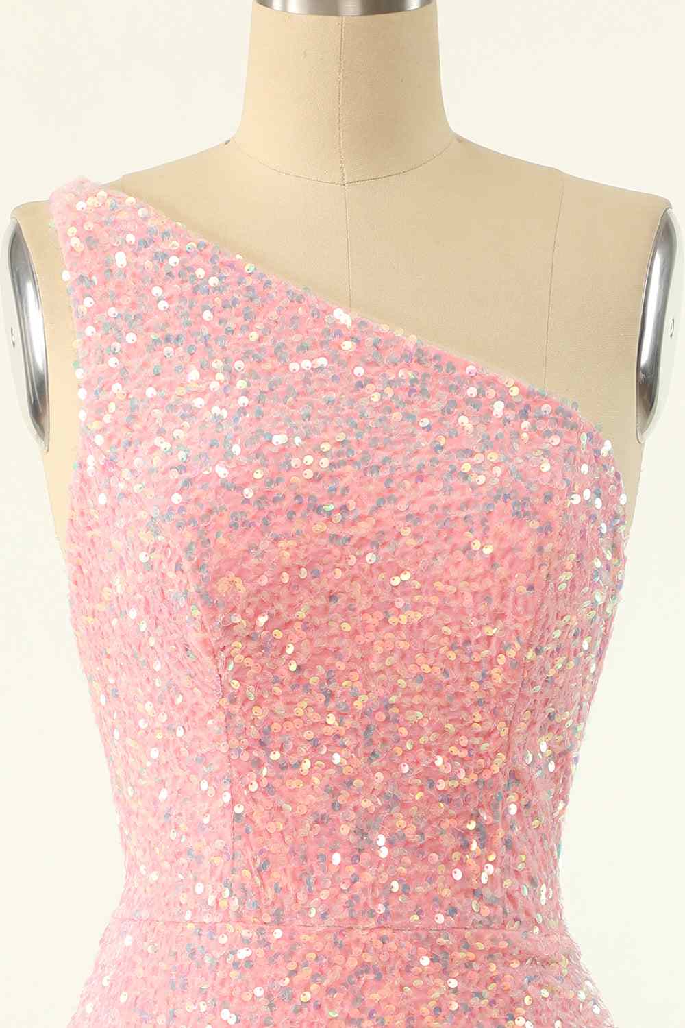 Pink Sheath One Shoulder Strap Back Sequins Mini Homecoming Dress