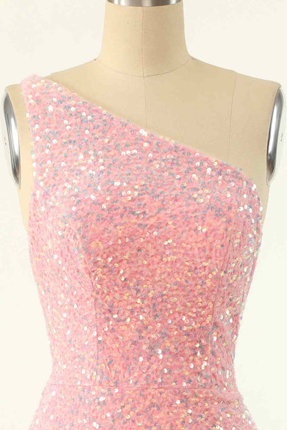Pink Sheath One Shoulder Strap Back Sequins Mini Homecoming Dress