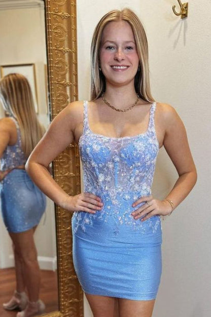 Blue Sequins Spaghetti Straps Tight Homecoming Dress
