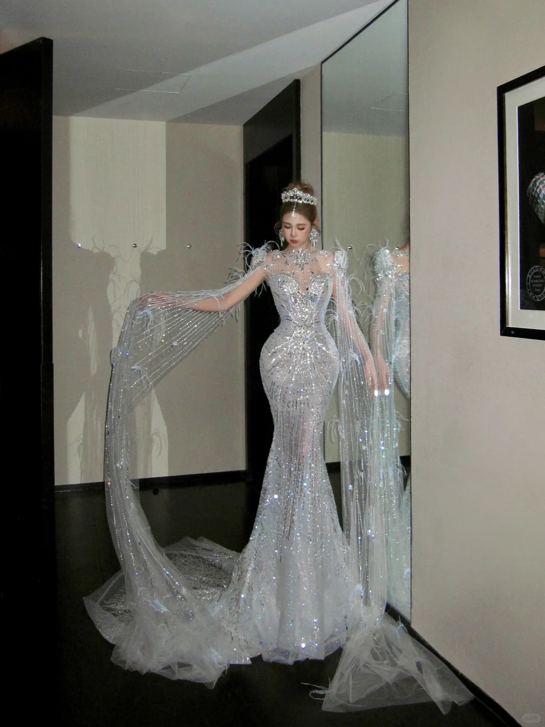 Elegant Glittering Silvery Beaded Sequined Design Mermaid Wedding Dress TP4236