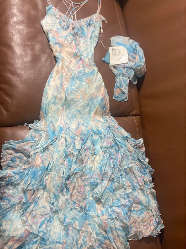 Gorgeous Blue and Pink Floral Spaghetti Strap Mermaid Chiffon Long Prom Dress Birthday Dress P4788