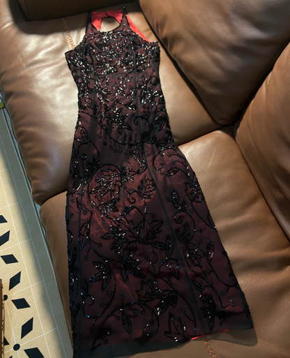 Vintage Burgundy Halter Neck Slim Fit Black Bead Leaf Pattern Tulle Long Prom Dress Evening Dress P4789
