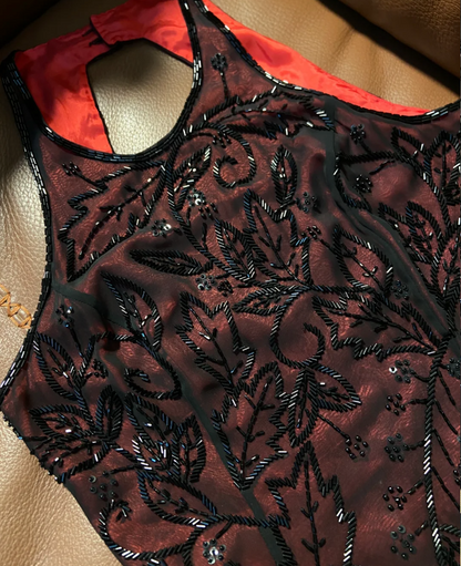 Vintage Burgundy Halter Neck Slim Fit Black Bead Leaf Pattern Tulle Long Prom Dress Evening Dress P4789