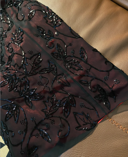 Vintage Burgundy Halter Neck Slim Fit Black Bead Leaf Pattern Tulle Long Prom Dress Evening Dress P4789
