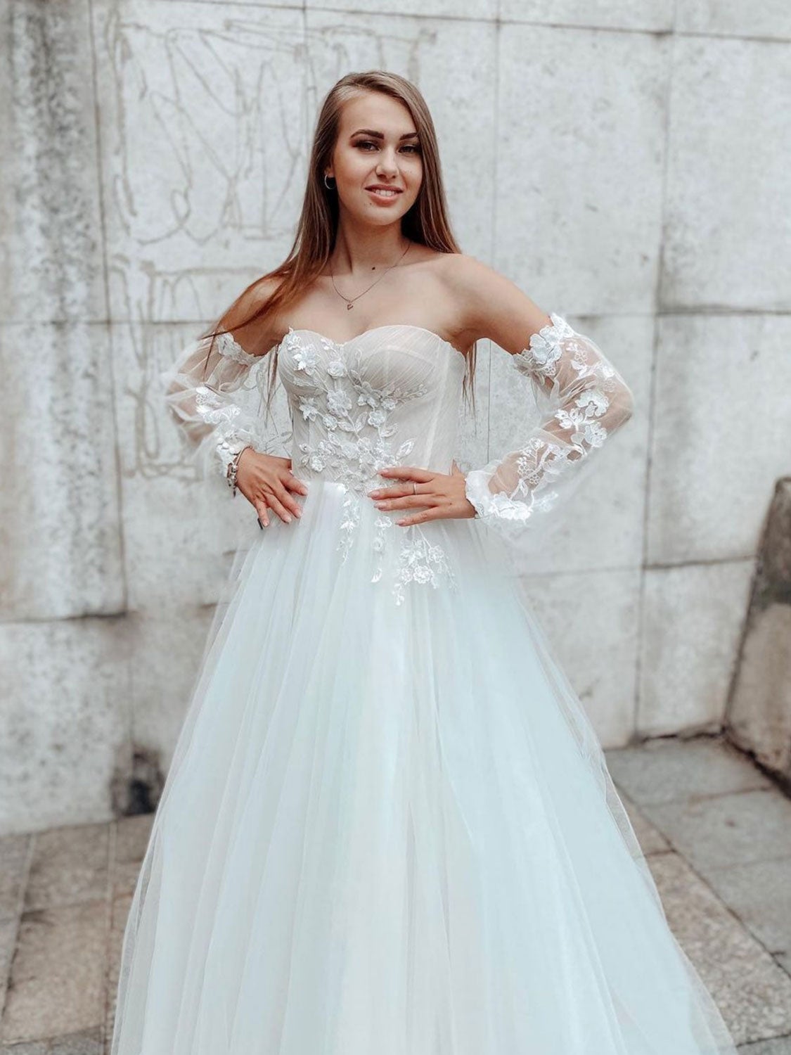 White tulle lace long prom dress, white lace evening dress