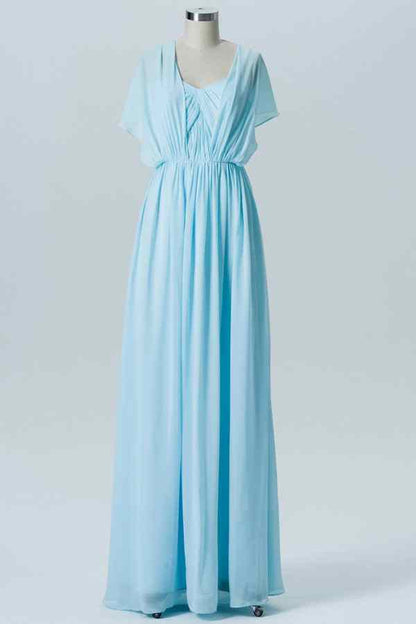 Light Blue Elastic Sheer Straps Strapless Pleated Chiffon Long Bridesmaid Dress