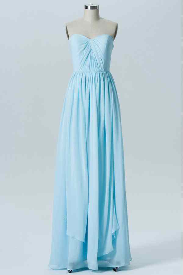 Light Blue Elastic Sheer Straps Strapless Pleated Chiffon Long Bridesmaid Dress