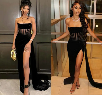 Black Prom Dresses Sexy Slit Prom Dress Birthday Outfits P379